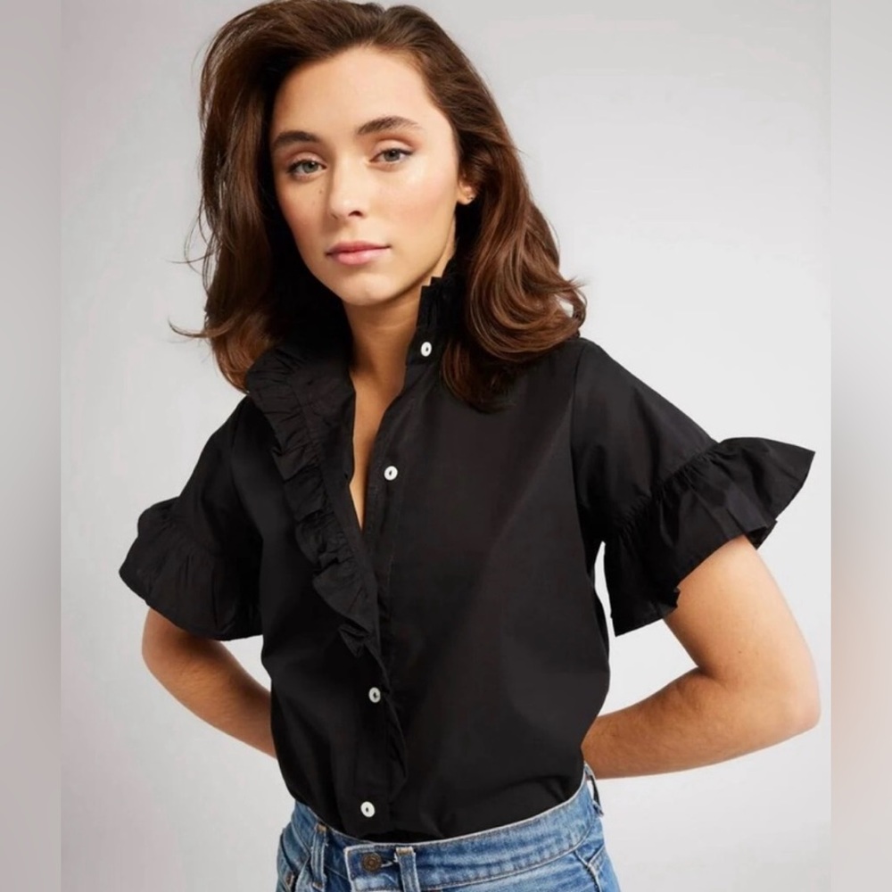 NWT MILLE Black Vanessa Ruffle Button Short Sleeve Top